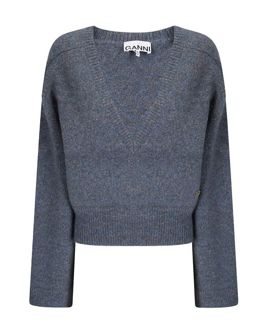 Ganni Blue Ribbed V-Neck Knitted Sweater