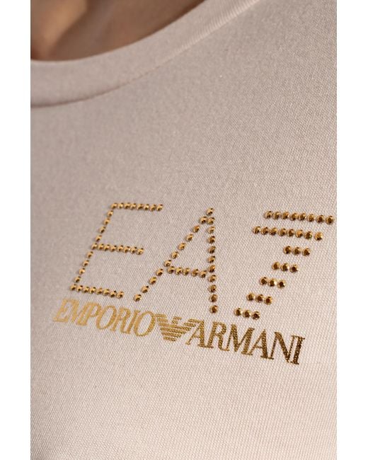 EA7 Natural Rhinestone-Appliqué Logo-Print T-Shirt