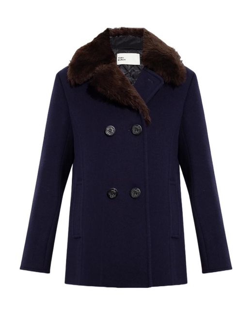 Tory Burch Blue Notched-Lapels Shearling Jacket