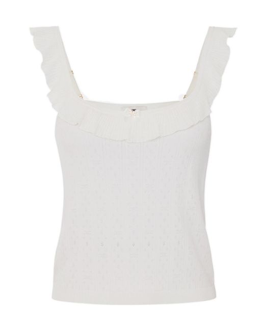Elisabetta Franchi White Knit Top With Openwork Embroideries And Ruffles