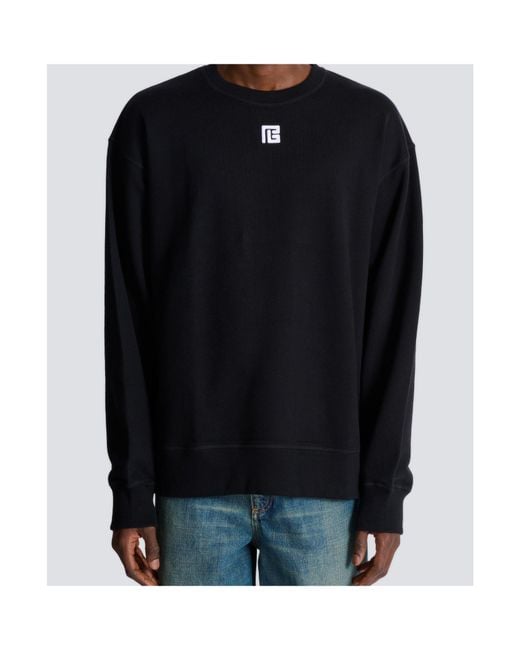 Balmain Blue Cotton Sweatshirt With Pb Embroidery for men