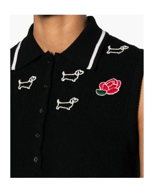 Thom Browne Black Hector-Embroidered Knitted Polo Top