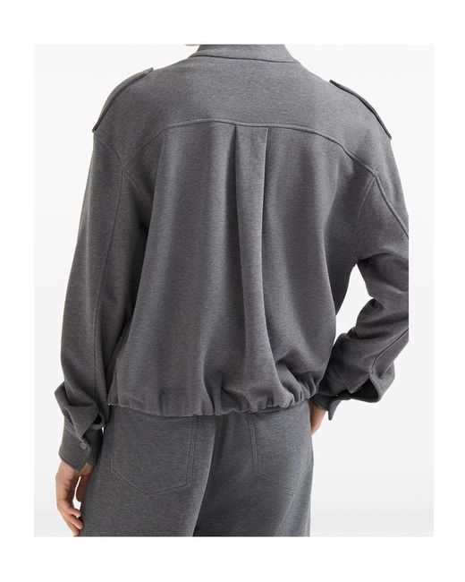 Brunello Cucinelli Gray Flap-Pocket Drawstring Bomber Jacket