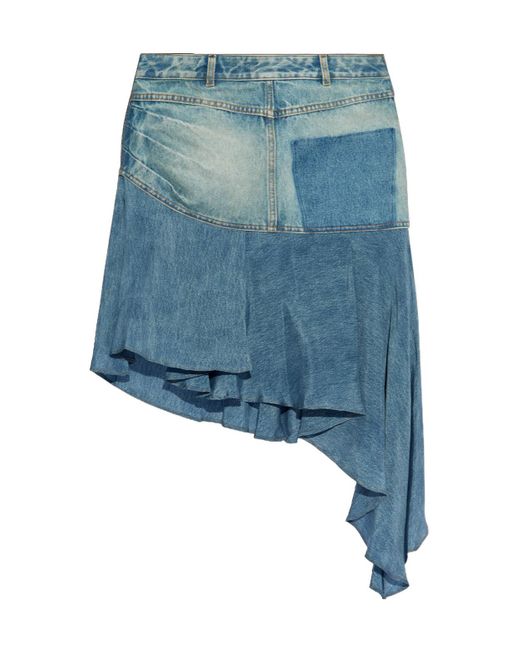 Balmain Blue Logo Patch Asymmetric Denim Ruffled Short Skirt
