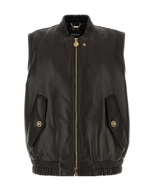 Versace Black Leather Zip-Fastening Gilet for men