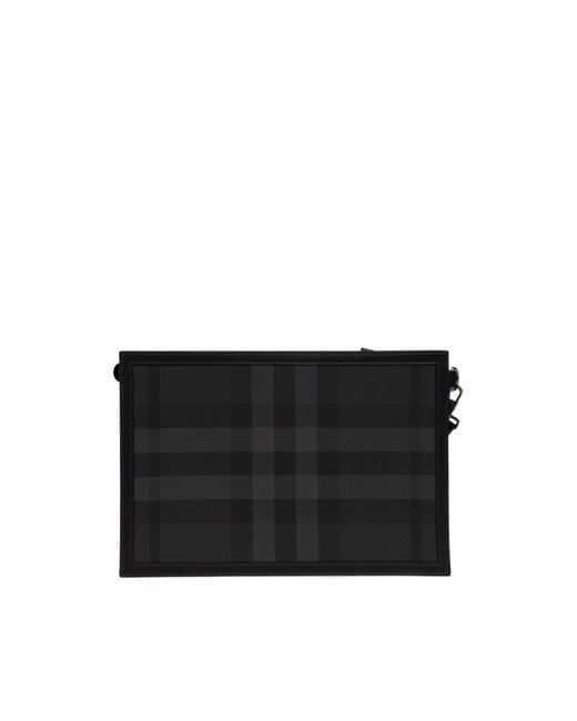 Burberry Black Frame Logo Plaque Checked Clutch Bag for men