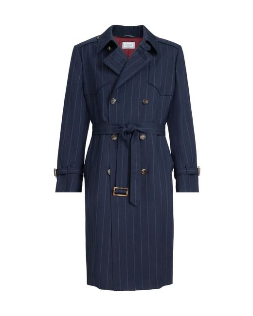 Brunello Cucinelli Blue Striped Trench Coat for men