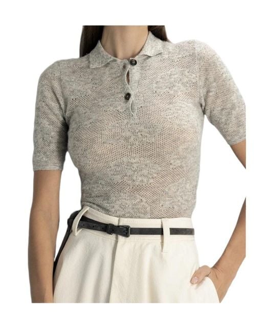 Brunello Cucinelli Gray Floral-Intarsia Polo-Collar Knitted Top
