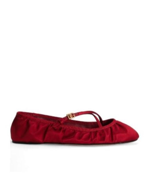 Dolce & Gabbana Red Logo Buckle Ruched Detailed Ballet Flats
