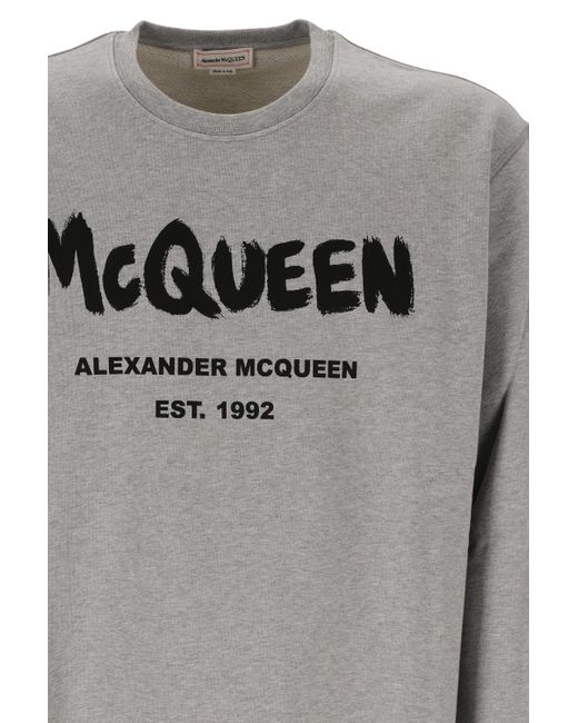 McQueen Gray Graffiti Printed Round Neck Sweater for men