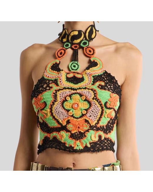 Etro Green Crochet Halterneck Crop Top