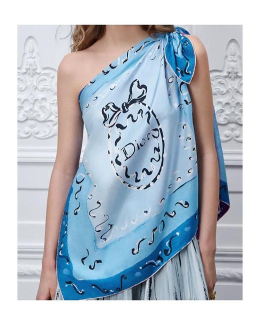 Dior Blue Iviera Asymmetrical Silk Top