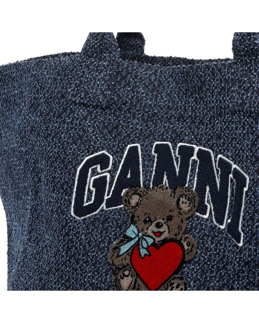 Ganni Blue Xxl Bear Embroidered Tote Bag