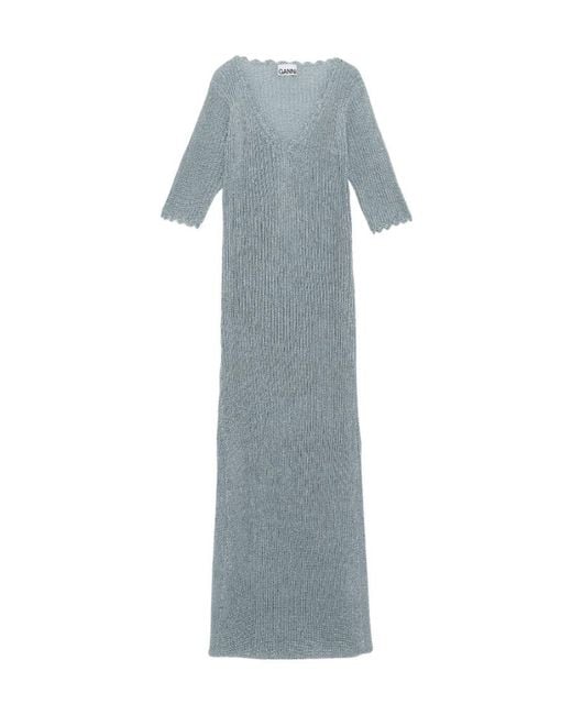 Ganni Blue V-Neck Knitted Maxi Dress