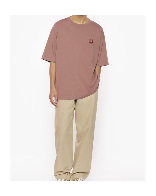 Maison Kitsuné Pink Maison Kitsuné Bold Fox Head Patch Crewneck T-Shirt for men