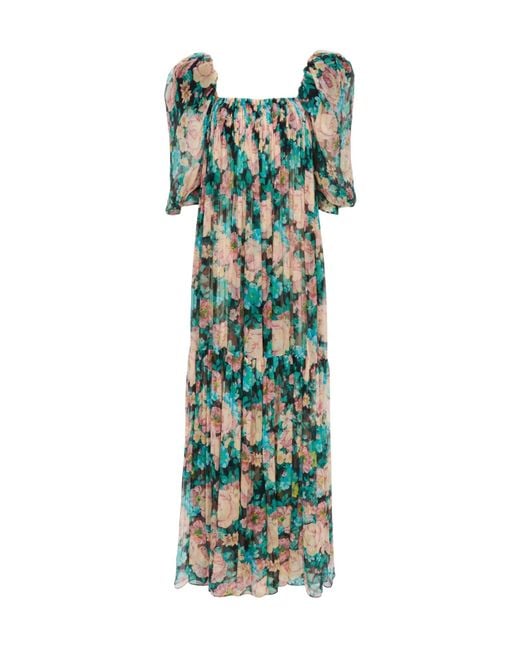 Chloé Green Silk Tulle Puff Sleeve Long Dress