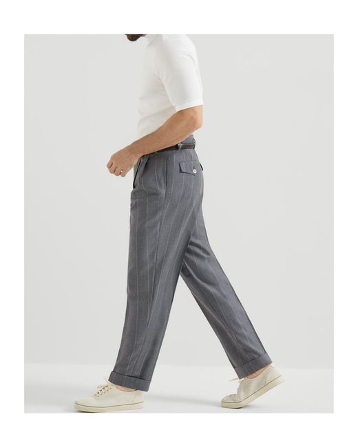 Brunello Cucinelli Gray Virgin Wool Chalk Stripe Trousers With Double Pleats for men