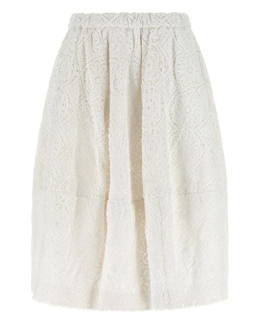 Comme des Garçons White Lace-Patterned Pleated Midi Skirt