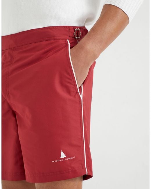 Brunello Cucinelli Red Logo Printed Swim Shorts for men