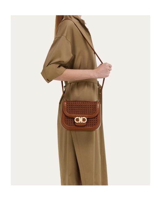Ferragamo Brown Double Gancini North-South Crossbody Bag (Xs)