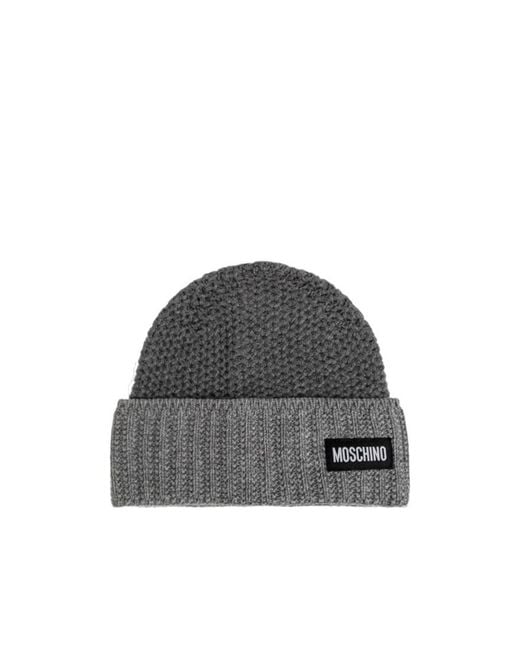Moschino Gray Logo Patch Knitted Hat for men