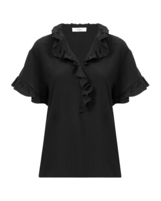 Chloé Black Short-Sleeve Ruffle Top