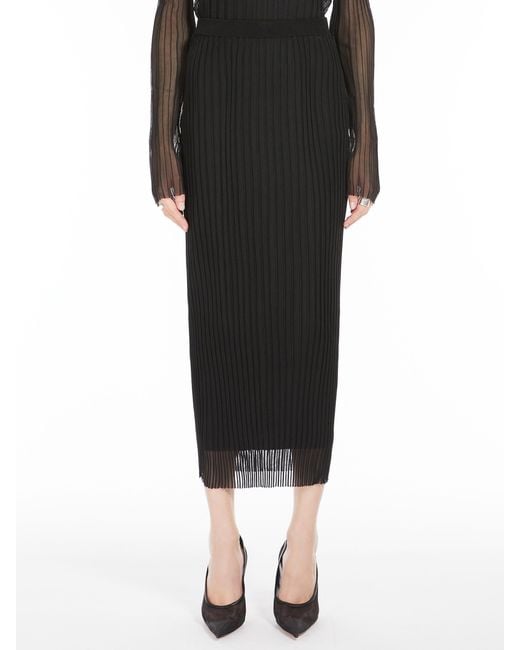 Sportmax Black Sheer Ribbed Knit Midi Skirt