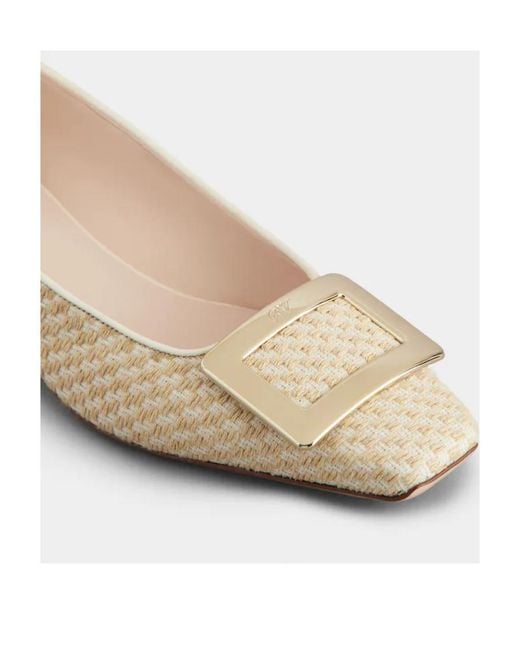 Roger Vivier Natural Belle Vivier Metal Buckle Piping Ballerinas