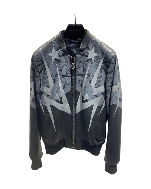 Philipp Plein Blue Long-Sleeved Leather Jacket for men