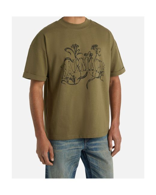 Balmain Green Printed Bloom T-Shirt for men
