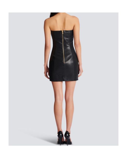 Balmain Black Belted Strapless Leather Dress