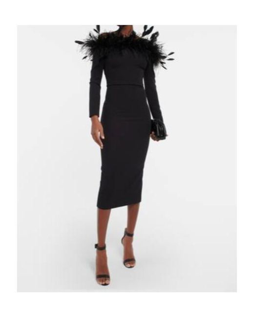 Safiyaa Black Feather-Trimmed Midi Dress