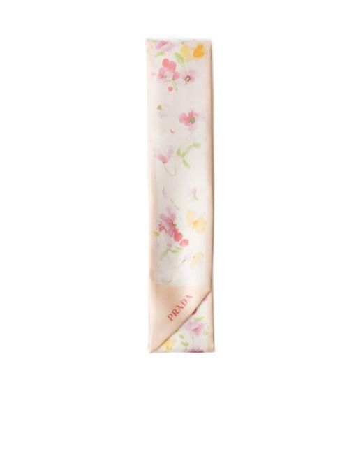 Prada White Printed Silk Twill Skinny Scarf