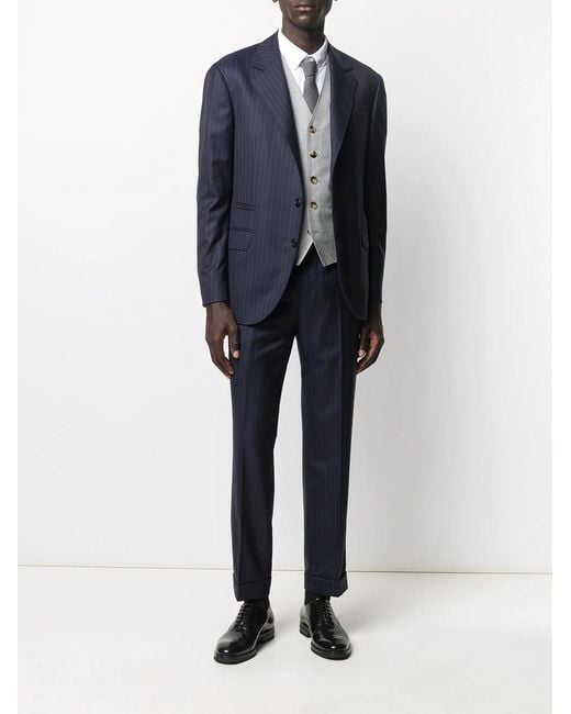 Brunello Cucinelli Blue Single-Breasted Pinstriped Blazer for men