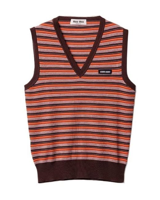 Miu Miu Red V-Neck Striped Knitted Vest