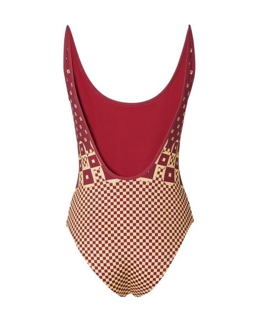 Fendi Red Micro Patchwork Print Lycra One Piece Swimsuit