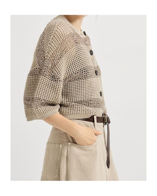 Brunello Cucinelli Brown Dazzling Striped Cropped Cardigan