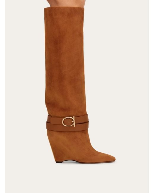 Ferragamo Brown Knee High Boot With Wedge Heel