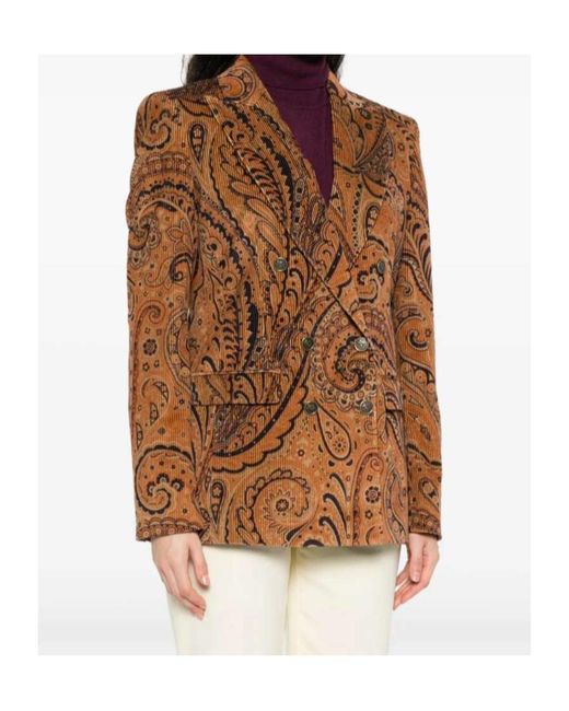 Etro Brown Paisley Jacquard Double-Breasted Corduroy Blazer