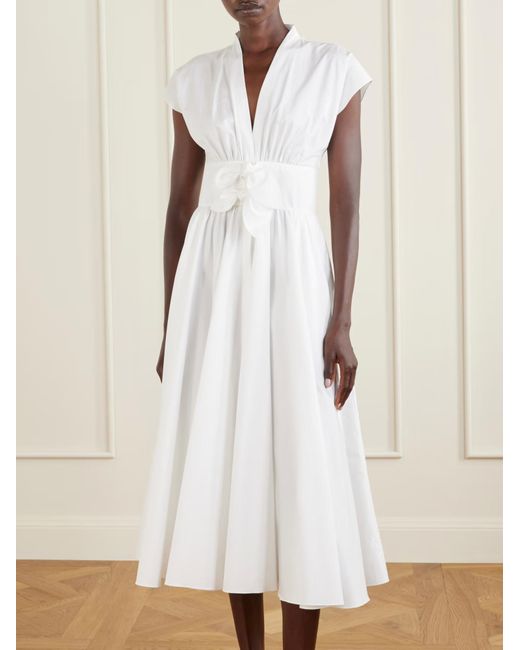 Alaïa White Alaïa Bow-Detailed V-Neck Pleated Midi Dress