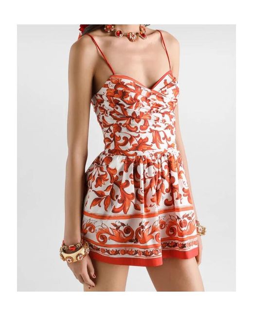 Dolce & Gabbana Red Majolica-Print Poplin Short Dress