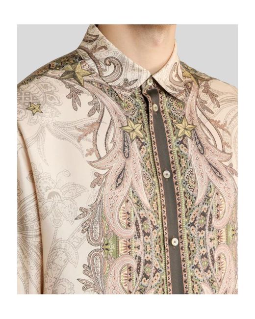 Etro Brown Silk Twill Shirt With Placed Pegaso Print for men