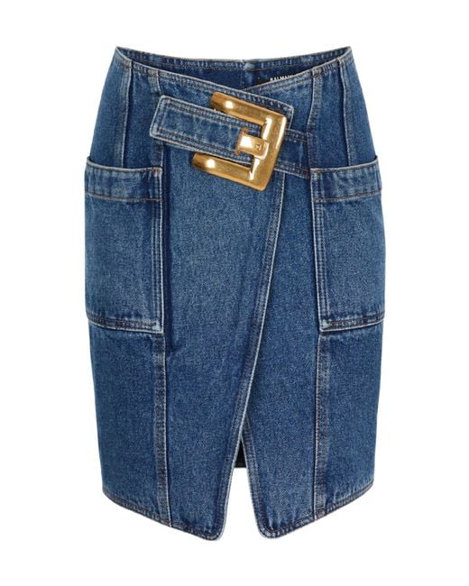 Balmain Blue Denim Belted Mini Skirt