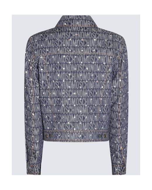 Moschino Blue Allover Logo Rhinestone Button-Up Jacket