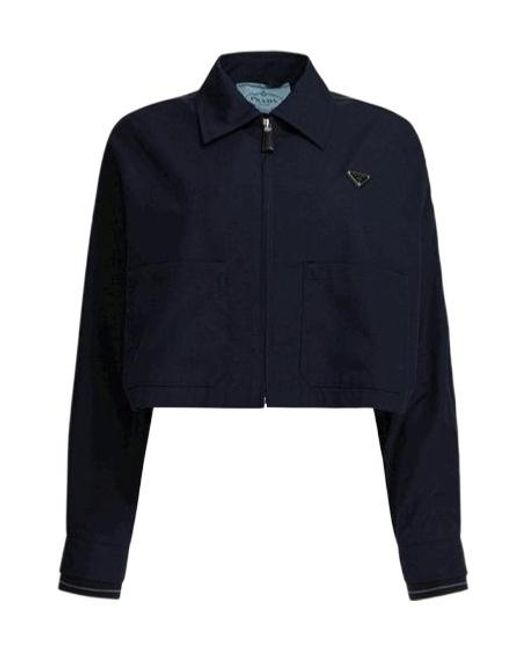 Prada Blue Triangle-Logo Zip-Up Cropped Jacket