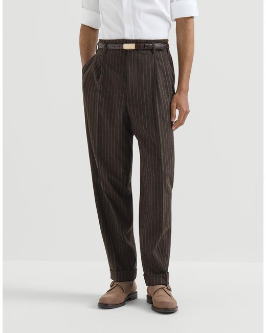 Brunello Cucinelli Gray Virgin Wool And Cashmere Chalk Stripe Trousers With Double Pleats for men