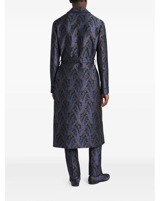 Etro Blue Chenille Jacquard Robe Coat With Metallic Paisley Motif for men