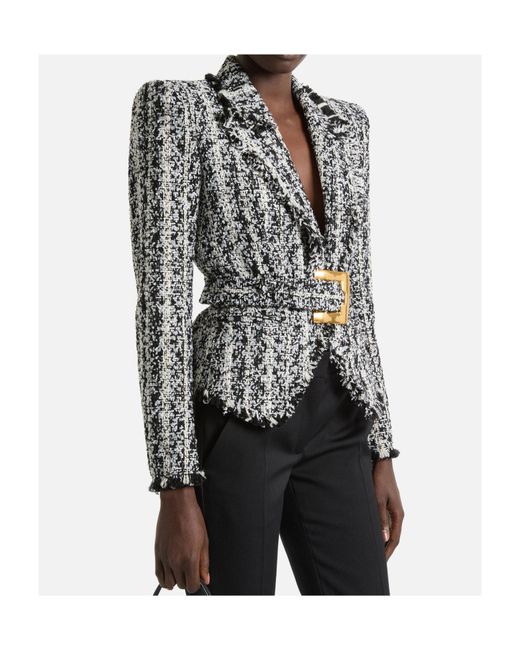Balmain Black Two-Tone Tweed Belted Jacket