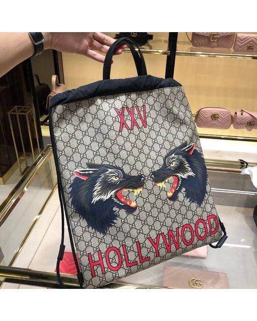 Gucci Black Wolf Alphabet Printed Handbag for men
