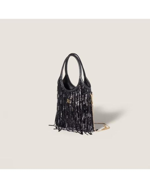 Miu Miu Black Ivy Satin Handbag With Crystal And Sequin Fringe